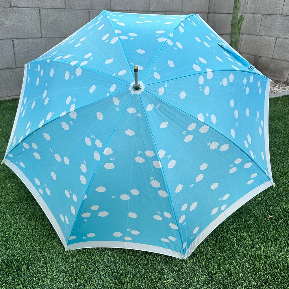 Vintage Courrèges Paris Cloud Print Umbrella • Rare Mod Designer • Blue & White